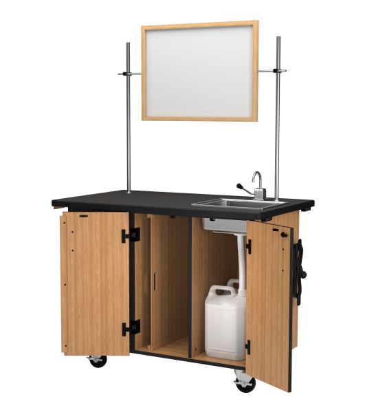 NPS® Mobile Science Cart with External Drawers and Pegboard, Whiteboard / Mirror & Sink