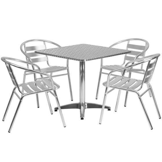 Thebes Series 31.5" Square Indoor-Outdoor Aluminum Table with 4 Slat Back Chairs