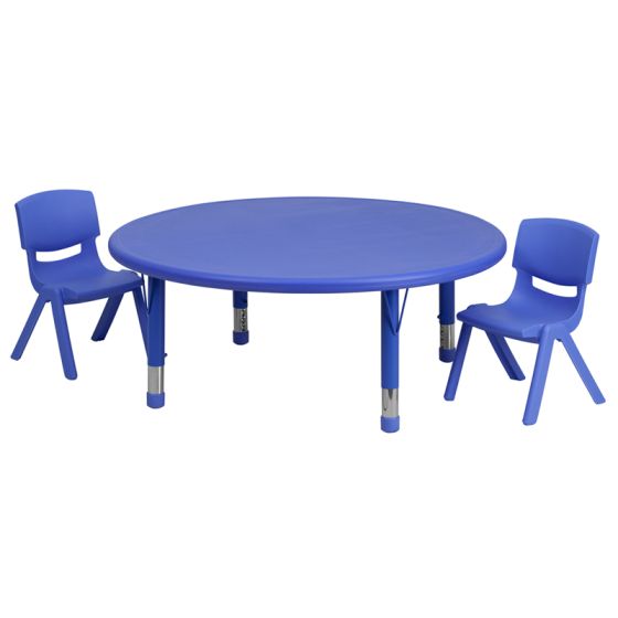 45" Round Adjustable Plastic Activity Table with 2 Stacking School Chairs-Blue