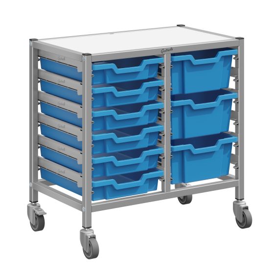 Gratnells Dynamis Low Double Column Cart with 6 Shallow and 3 Deep Trays