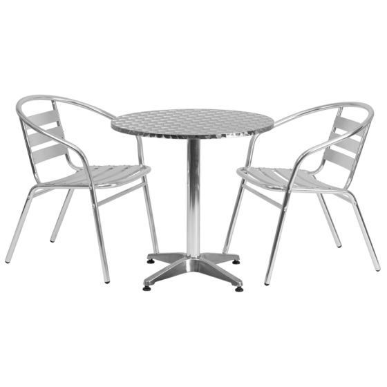 Thebes Series 27.5" Round Aluminum Indoor-Outdoor Table with 2 Slat Back Chairs