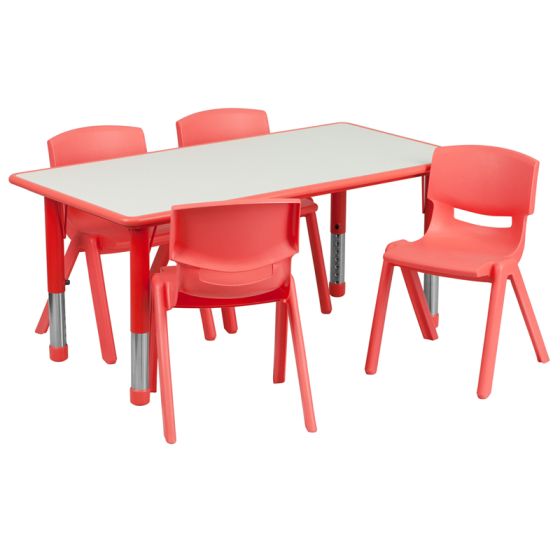 24" W X 48" L Adjustable Rectangular Plastic Activity Table Set with 4 Stacking School Chairs-Red