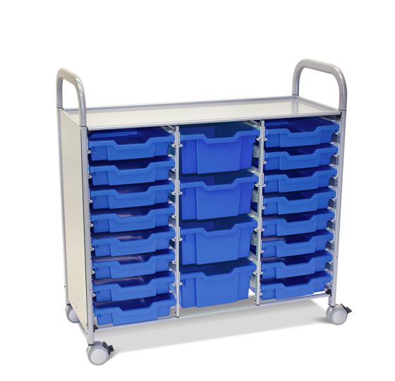 Gratnells Callero Plus Triple Column Cart with Casters and 16 Shallow and 4 Deep Trays