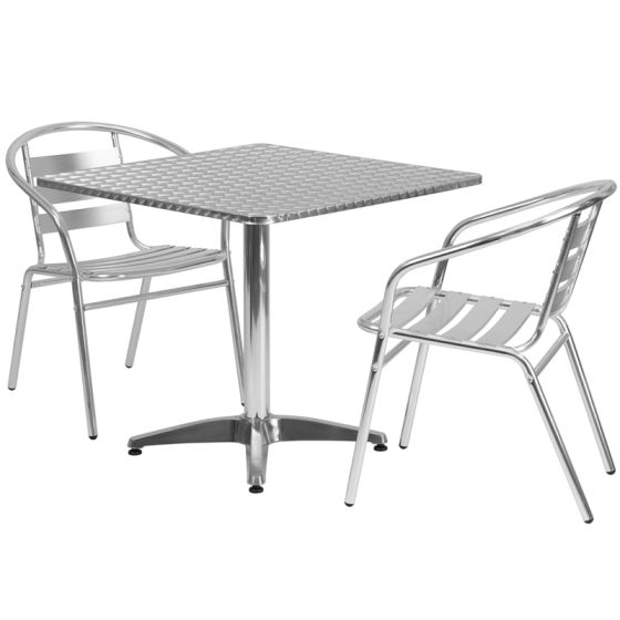 Thebes Series 31.5" Square Indoor-Outdoor Aluminum Table with 2 Slat Back Chairs
