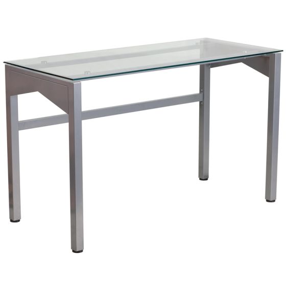 Contemporary Desk with Clear Tempered Glass Top & Silver Frame