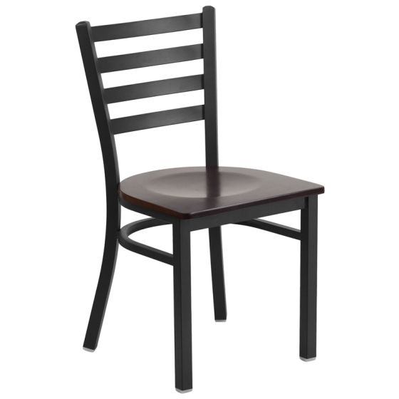 HUSKY Seating 500 LB Black Metal Ladder Back Restaurant Chair with Wood Seat - Walnut