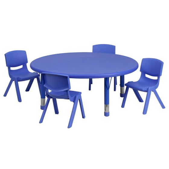 45" Round Adjustable Plastic Activity Table with 4 Stacking School Chairs-Blue