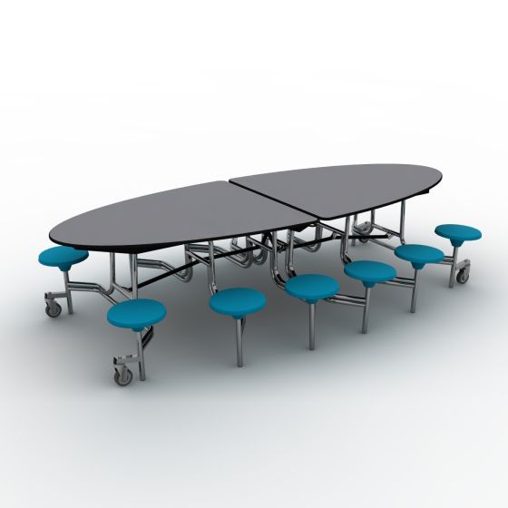 National Public Seating® Mobile Cafeteria Table with 12 Stools, 10' Elliptical, Particleboard Core, Vinyl T-Mold Edge, Chrome Frame