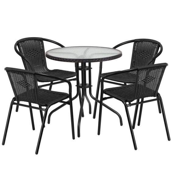 Thebes Series 28" Round Glass Table with Rattan Edging & 4 Rattan Stack Chairs-Black