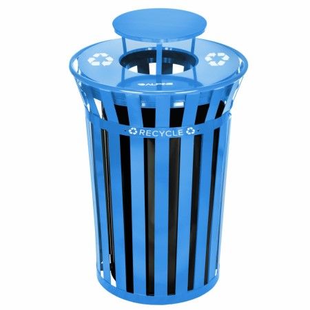 Alpine Industries Outdoor Metal Slatted Recycling Receptacle with Rain Bonnet Lid - 38 Gallon, Blue