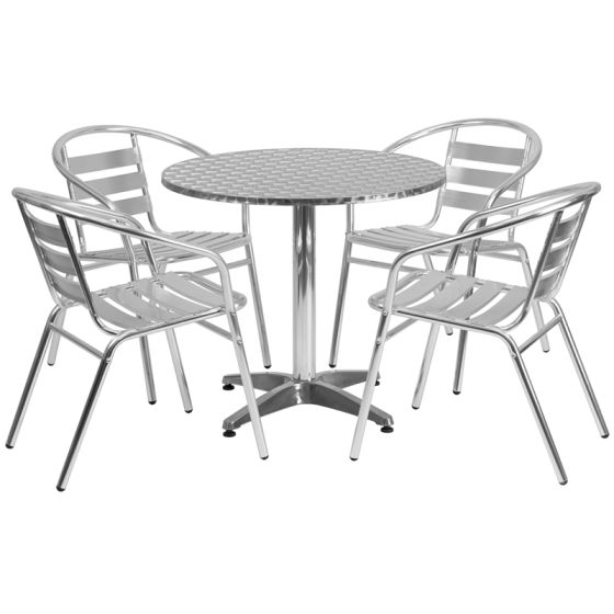 Thebes Series 31.5" Round Aluminum Indoor-Outdoor Table with 4 Slat Back Chairs