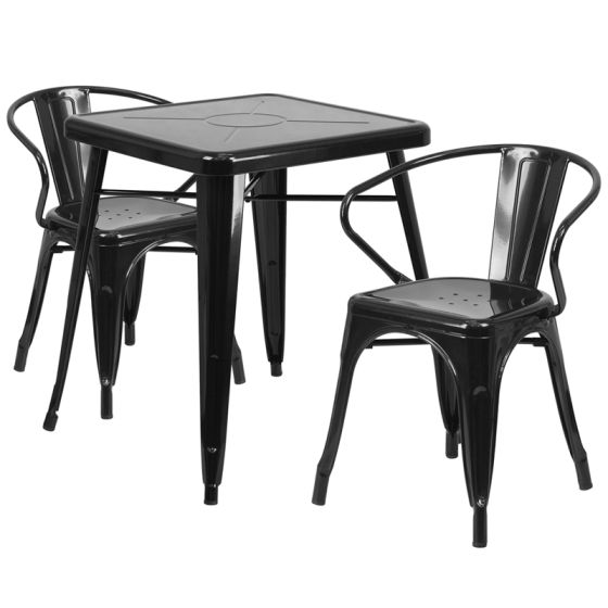 HUSKY Seating® Metal Indoor-Outdoor Restaurant Dining Set with 2 Arm Chairs-Black