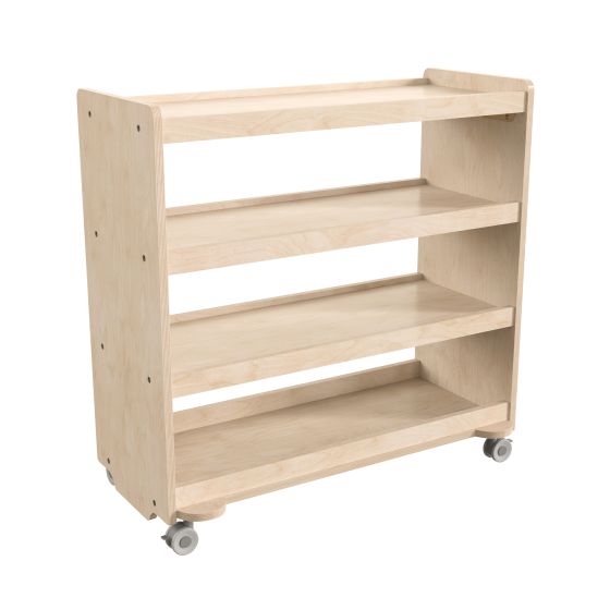 Bright Beginnings Commercial Grade Space Saving 4 Shelf Wooden Mobile Classroom Storage Cart with Locking Caster Wheels, Kid Friendly Design, Natural
