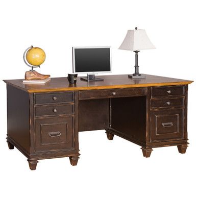 Refined Collection Double Pedestal Desk - Vintage Black with Wood Plank Tops