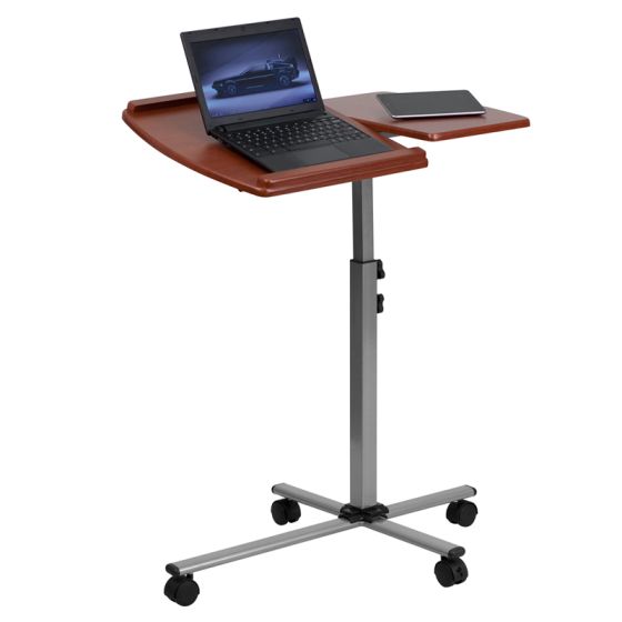 Rolling Cherry Finished Laptop Computer Stand with Side Table and Angle & Height Adjustments